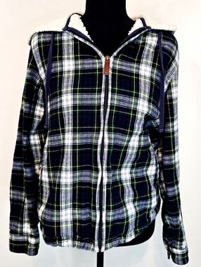 L.L. Bean Plaid Sherpa Lined Hoodie Jacket Full Zip Small Outdoor Cozy Hiking